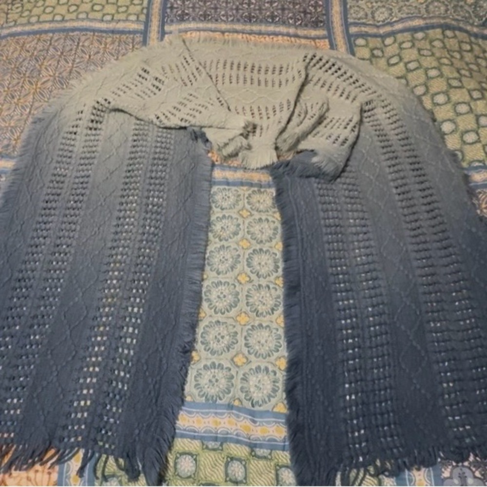 Fraas blue/light grey long crochet fringed scarf, cashmink mat’l, light use.